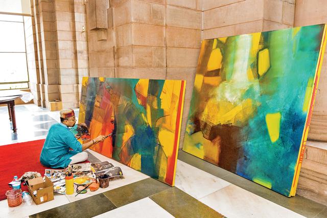 Paresh Maity paints at the makeshift studio he created in Rashtrapati Bhavan as the artist-in-residence Paresh Maity paints at the makeshift studio he created in Rashtrapati Bhavan as the artist-in-residence
