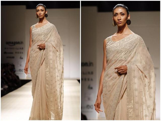Sequined saris glittered with all their might at Rabani & Rakha’s show. (Waseem Gashroo/HT Photo) Sequined saris glittered with all their might at Rabani & Rakha’s show. (Waseem Gashroo/HT Photo)