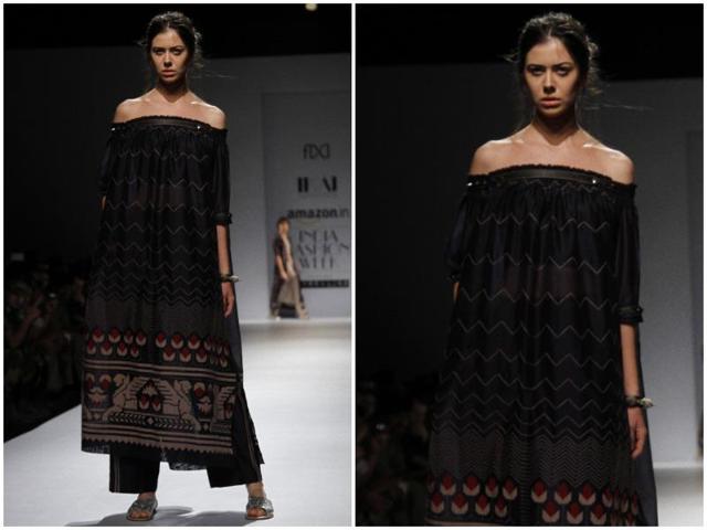 Off-shouldered kurtas looked uber-feminine at Ragini Ahuja’s show for IKAI. (Waseem Gashroo/HT Photo) Off-shouldered kurtas looked uber-feminine at Ragini Ahuja’s show for IKAI. (Waseem Gashroo/HT Photo)