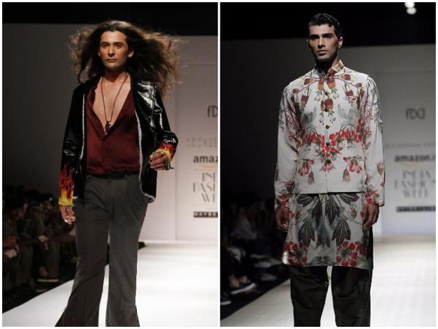 We saw the resurgence of bell-bottom pants at Heumn show (left); Who says you can’t rock a printed bandgala with a printed kurta, Designer Sidharth Tytler shows exactly how to do it right. (Waseem Gashroo/HT Photo) We saw the resurgence of bell-bottom pants at Heumn show (left); Who says you can’t rock a printed bandgala with a printed kurta, Designer Sidharth Tytler shows exactly how to do it right. (Waseem Gashroo/HT Photo)