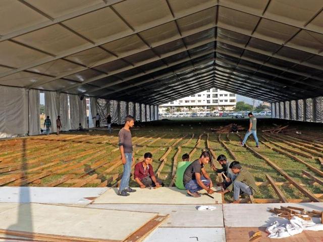 The dome erected near Brilliant Convention Centre for Global investors Summit in Indore.(Arun Mondhe/HT photo)