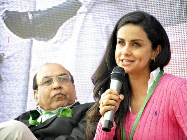 Gul panag along with Lt. General Ata Hasnain interacting with the audience on the day-2 of  Khushwant Singh Lit Fest at Kasauli, on Saturday. (Karun Sharma/HT) 
