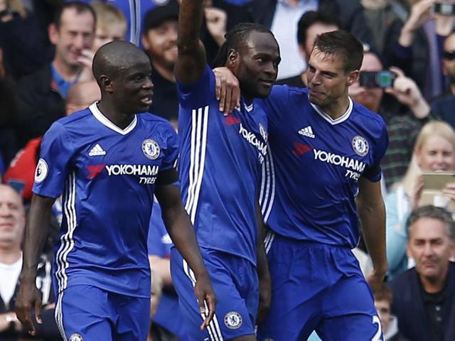 Chelsea's Victor Moses celebrates scoring their third goal with David Luiz and team mates. (REUTERS) Chelsea's Victor Moses celebrates scoring their third goal with David Luiz and team mates. (REUTERS)