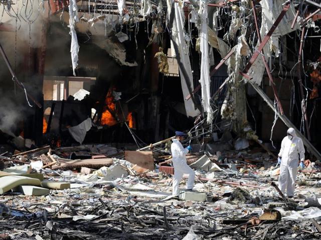 File photo taken on October 8 shows the destruction following airstrikes on a funeral hall in the Yemeni capital Sanaa by Saudi-led coalition airplanes. The Saudi-led coalition battling Yemeni rebels said on Saturday that one of its warplanes had "wrongly targeted" the funeral hall, an attack that killed more than 140 people. (AFP) File photo taken on October 8 shows the destruction following airstrikes on a funeral hall in the Yemeni capital Sanaa by Saudi-led coalition airplanes. The Saudi-led coalition battling Yemeni rebels said on Saturday that one of its warplanes had "wrongly targeted" the funeral hall, an attack that killed more than 140 people. (AFP)