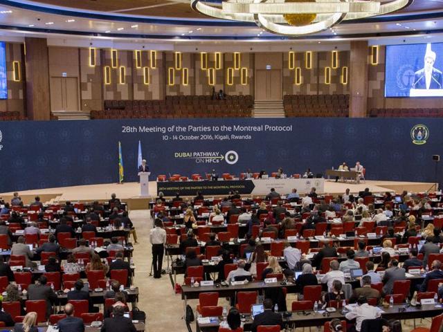 US Secretary of State John Kerry, centre-left at podium, delivers a speech to the 28th Meeting of the Parties to the Montreal Protocol on Substances that Deplete the Ozone Layer, in Kigali, Rwanda. (AP Photo) US Secretary of State John Kerry, centre-left at podium, delivers a speech to the 28th Meeting of the Parties to the Montreal Protocol on Substances that Deplete the Ozone Layer, in Kigali, Rwanda. (AP Photo)