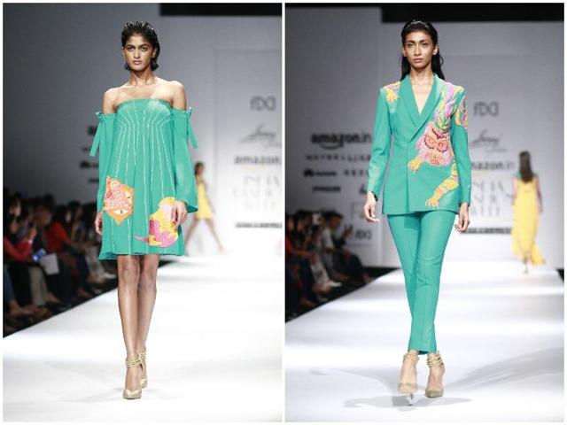 A model walking on the ramp in a Bardot dress (left) for Saaj by Ankita; a model walking on the ramp in a pantsuit for Saaj by Ankita.