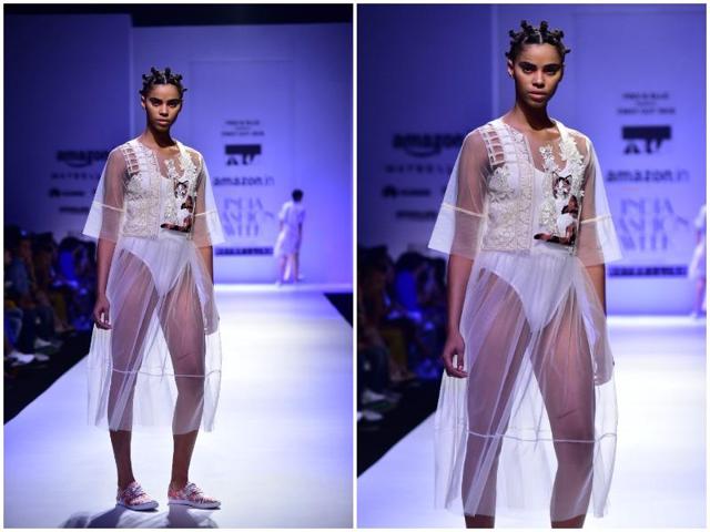 Cat motif on tulle fabric looked striking at Aniket Satam’s show.