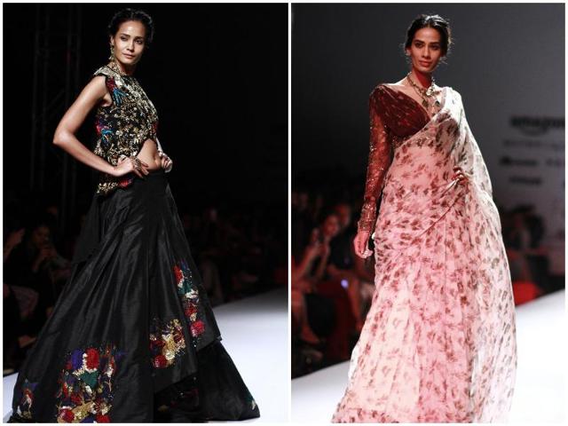 Lehengas with floral motifs (left) were seen at Pallavi Jaipur’s show, a model walking the ramp for Pallavi Jaipur in a chiffon sari and draped blouse.