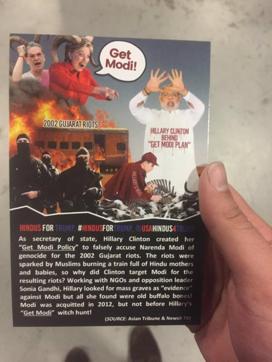 The ‘Get Modi’ flier that was handed out at the Republican Hindu Coalition’s charity event which Donald Trump campaigned at. (Ben Schreckinger/Twitter) The ‘Get Modi’ flier that was handed out at the Republican Hindu Coalition’s charity event which Donald Trump campaigned at. (Ben Schreckinger/Twitter)