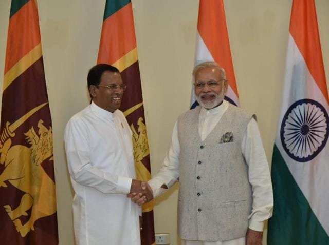 PM Narendra Modi with Sri Lankan President Maithripala Sirisena ahead of the BRICS-Bimstec Outreach Summit in Goa. (Photo courtesy: @MEAIndia) PM Narendra Modi with Sri Lankan President Maithripala Sirisena ahead of the BRICS-Bimstec Outreach Summit in Goa. (Photo courtesy: @MEAIndia)