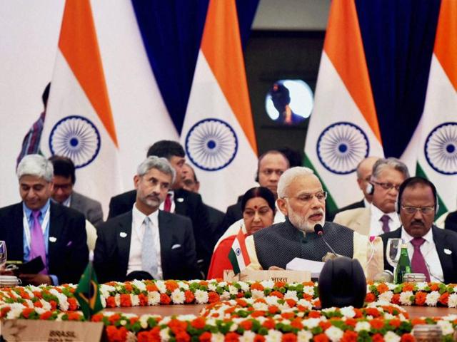 PM Narendra Modi addresses the plenary session of BRICS Summit in Benaulim, Goa.(PTI Photo)