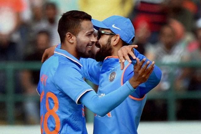 India's Hardik Pandya celebrates with team mate Virat Kohli the dismissal of New Zealand‘s Luke Ronchi. (PTI Photo) India's Hardik Pandya celebrates with team mate Virat Kohli the dismissal of New Zealand‘s Luke Ronchi. (PTI Photo)
