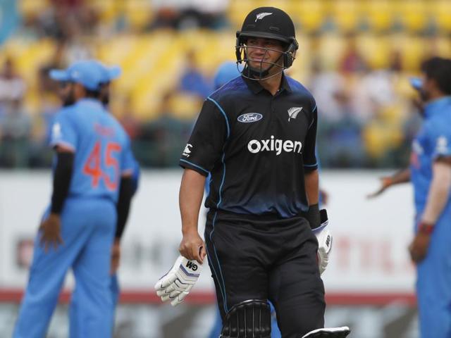 New Zealand's Ross Taylor leaves the ground after being dismissed by India's Umesh Yadav. (AP photo)