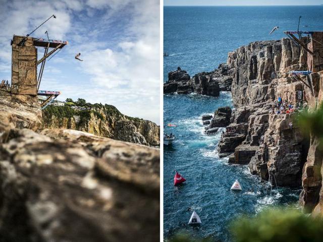 These photos taken on October 16, 2016 show Gary Hunt of the UK and Michal Navratil of the Czech Republic diving at Shirahama, Japan.  (AFP ) 