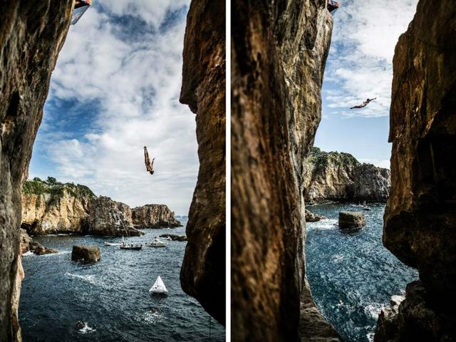 Ginger Leigh Huber of the USA and Gary Hunt of the UK seen here diving at Shirahama.  (AFP) 
