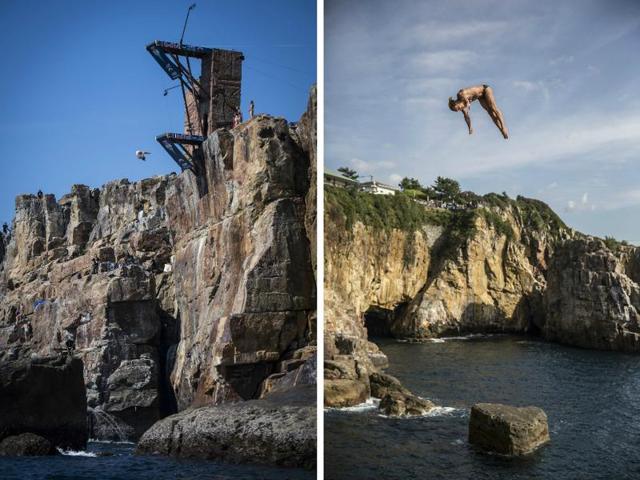 Kris Kolanus of Poland and Rachelle Simpson of the USA dive on October 15, 2016 at Shirahama.  (AFP) 