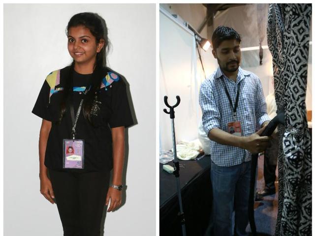 (L-R) An usher at fashion week Shrvistha Shukla; Ironing man, Shankar backstage.(Photo: Amal Ks/HT)