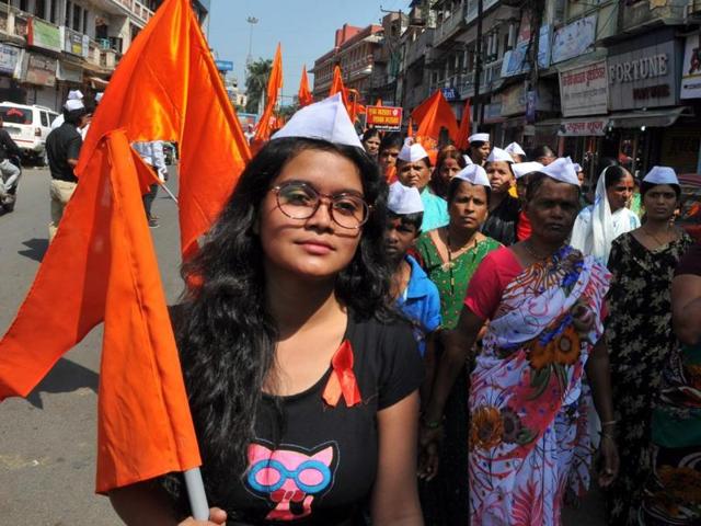 Marathas seek justice for a rape victim in Indore on Sunday.(Arun Mondhe / HT)