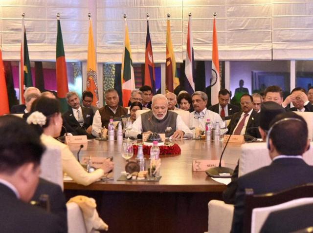 Prime Minister Narendra Modi during the BRICS and BIMSTEC Outreach Summits in Mobor, Goa on Sunday.(PTI)