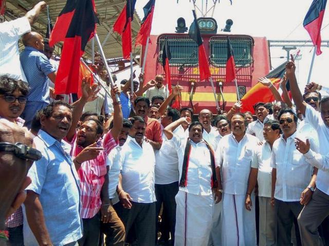 DMK members staging a protest to condemn attacks on Tamils and against property damage in Karnataka over the Cauvery water issue, in Puducherry inSeptember. Opposition parties, led by the DMK, have again started an agitation blaming the central government for its ‘anti-Tamil Nadu’ stand. (PTI file) DMK members staging a protest to condemn attacks on Tamils and against property damage in Karnataka over the Cauvery water issue, in Puducherry inSeptember. Opposition parties, led by the DMK, have again started an agitation blaming the central government for its ‘anti-Tamil Nadu’ stand. (PTI file)