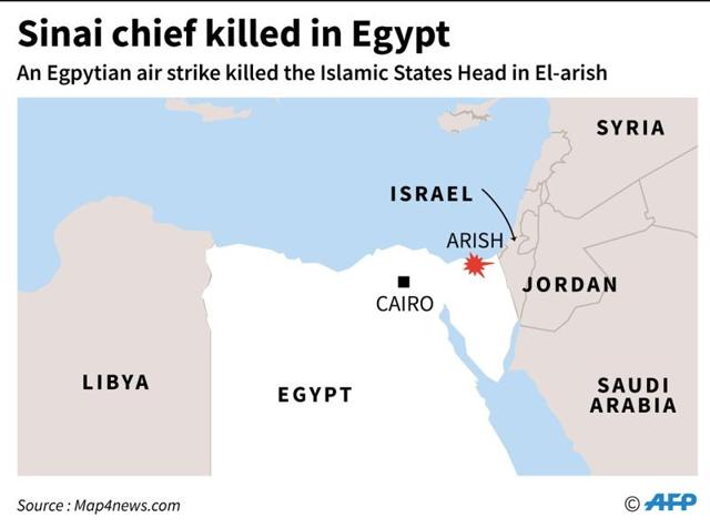 A file picture showing a map locating an Egyptian air strike in the Sinai region that has killed the head of an Islamic State group branch according to the army in August. (AFP Photo) A file picture showing a map locating an Egyptian air strike in the Sinai region that has killed the head of an Islamic State group branch according to the army in August. (AFP Photo)