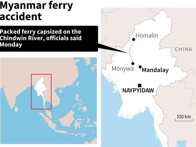 Map locating the Chindwon River in Myanmar were a packed ferry capsized, according to officials on Monday. (AFP Photo) Map locating the Chindwon River in Myanmar were a packed ferry capsized, according to officials on Monday. (AFP Photo)