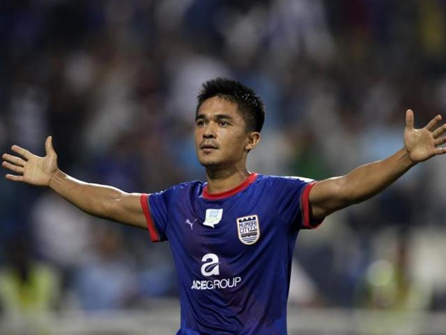 While Forlan is out injured, Sunil Chhetri will be playign the AFC Cup semi-final for Bengaluru FC. (Kunal Patil/HT Photo) While Forlan is out injured, Sunil Chhetri will be playign the AFC Cup semi-final for Bengaluru FC. (Kunal Patil/HT Photo)