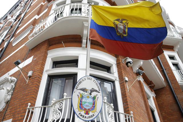 The Ecuadorian national flag flies outside their London embassy. (AP) The Ecuadorian national flag flies outside their London embassy. (AP)