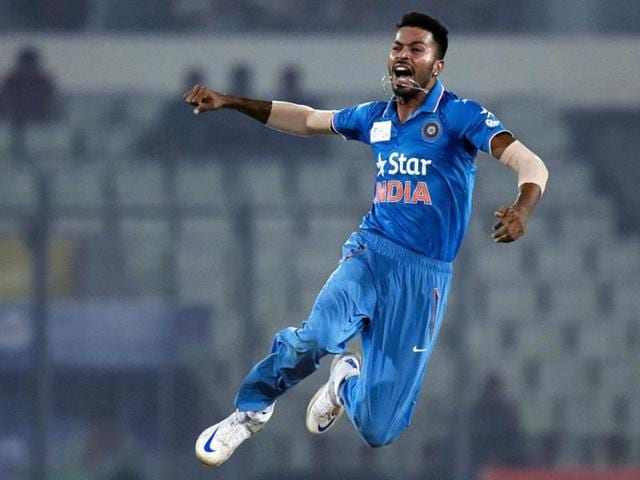 With figures of 3/31 in seven overs in his debut ODI, Hardik Pandya, centre, displayed plenty of promise. (AP) With figures of 3/31 in seven overs in his debut ODI, Hardik Pandya, centre, displayed plenty of promise. (AP)