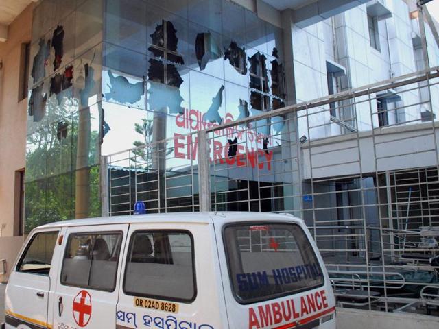 Damaged emergency ward of SUM Hospital in Bhubaneswar on Tuesday.(PTI)