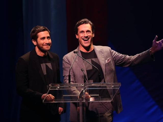 NEW YORK, NY - OCTOBER 17: Actors Jake Gyllenhaal (L) and Jon Hamm speak during the Hillary Victory Fund - Stronger Together concert at St. James Theatre on October 17, 2016 in New York City. Broadway stars and celebrities performed during a fundraising concert for the Hillary Clinton campaign. Justin Sullivan/Getty Images/AFP == FOR NEWSPAPERS, INTERNET, TELCOS & TELEVISION USE ONLY == (AFP) NEW YORK, NY - OCTOBER 17: Actors Jake Gyllenhaal (L) and Jon Hamm speak during the Hillary Victory Fund - Stronger Together concert at St. James Theatre on October 17, 2016 in New York City. Broadway stars and celebrities performed during a fundraising concert for the Hillary Clinton campaign. Justin Sullivan/Getty Images/AFP == FOR NEWSPAPERS, INTERNET, TELCOS & TELEVISION USE ONLY == (AFP)