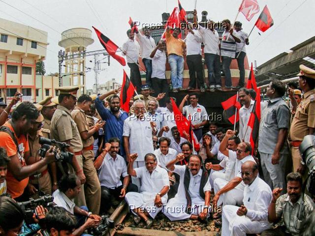 MDMK chief Vaiko, CPM leader G Ramakrishnan and others stage a rail roko at the Central Railway station demanding the constitution of a Cauvery management board, in Chennai on Monday. (PTI) MDMK chief Vaiko, CPM leader G Ramakrishnan and others stage a rail roko at the Central Railway station demanding the constitution of a Cauvery management board, in Chennai on Monday. (PTI)