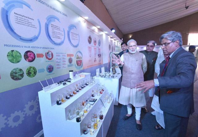 Modi visiting an exhibition before the National MSME Awards function at Punjab Agricultural University in Ludhiana on Tuesday. (PTI Photo) Modi visiting an exhibition before the National MSME Awards function at Punjab Agricultural University in Ludhiana on Tuesday. (PTI Photo)