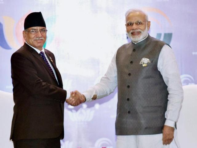 Prime Ministers Narendra Modi (left) and Nepal’s Pushpa Kamal Dahal ‘Prachanda’ (centre) with Chinese president Xi Jinping (right) in Goa on October 15, 2016. (Prakash Dahal/Facebook) Prime Ministers Narendra Modi (left) and Nepal’s Pushpa Kamal Dahal ‘Prachanda’ (centre) with Chinese president Xi Jinping (right) in Goa on October 15, 2016. (Prakash Dahal/Facebook)