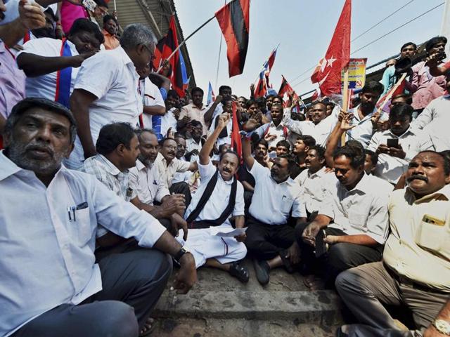 MDMK general secretary Vaiko and VCK Chief Thol Thirumavalavan, along with party workers, including those from the Left parties, at a ‘Rail Roko’ protest in Chennai. (PTI) MDMK general secretary Vaiko and VCK Chief Thol Thirumavalavan, along with party workers, including those from the Left parties, at a ‘Rail Roko’ protest in Chennai. (PTI)