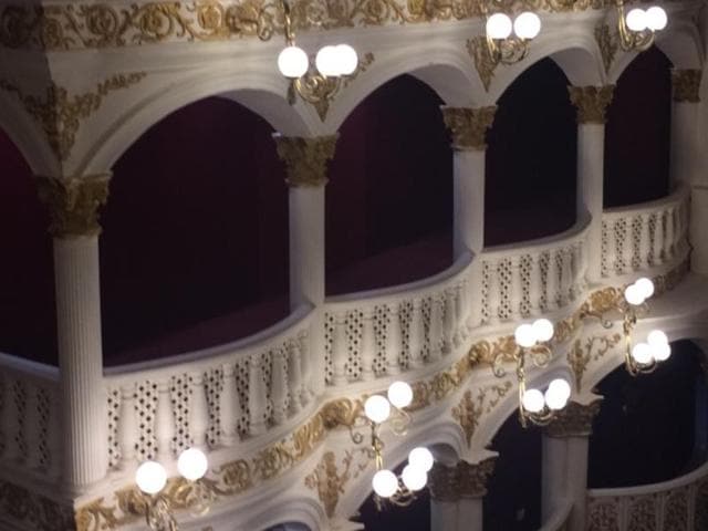 The regal balcony bedecked with lamps and gilded murals. (Aalok soni/ht photo) 