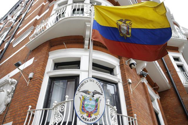 The Ecuadorian national flag flies outside their London Embassy. (AP Photo) The Ecuadorian national flag flies outside their London Embassy. (AP Photo)