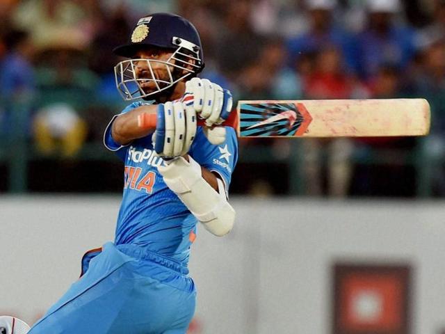 India batsman Ajinkya Rahane plays a shot during the first one day international match between India and New Zealand. (AFP Photo) India batsman Ajinkya Rahane plays a shot during the first one day international match between India and New Zealand. (AFP Photo)