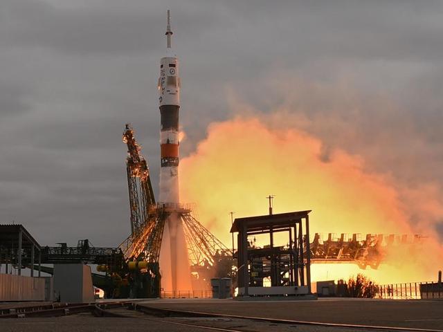 Russia’s Soyuz MS-02 spacecraft carrying the International Space Station (ISS) crew of US astronaut Shane Kimbrough and Russian cosmonauts Sergey Ryzhikov and Andrey Borisenko blasts off to the ISS from the launch pad at the Russian-leased Baikonur cosmodrome on Wednesday. (AFP) Russia’s Soyuz MS-02 spacecraft carrying the International Space Station (ISS) crew of US astronaut Shane Kimbrough and Russian cosmonauts Sergey Ryzhikov and Andrey Borisenko blasts off to the ISS from the launch pad at the Russian-leased Baikonur cosmodrome on Wednesday. (AFP)