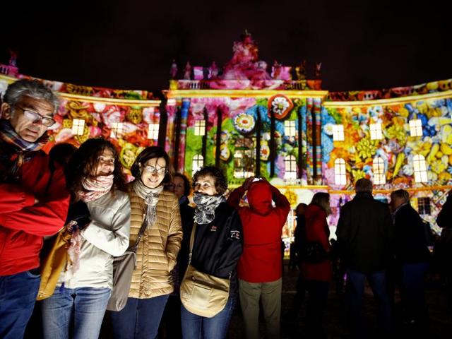 The Bebel Square is illuminated during the Festival of Lights show in Berlin, Germany. (REUTERS)