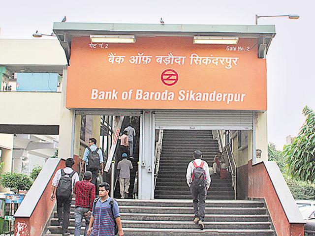 Sikanderpur metro station has been rechristened after Bank of Baroda acquired semi-naming rights.(HT Photo)