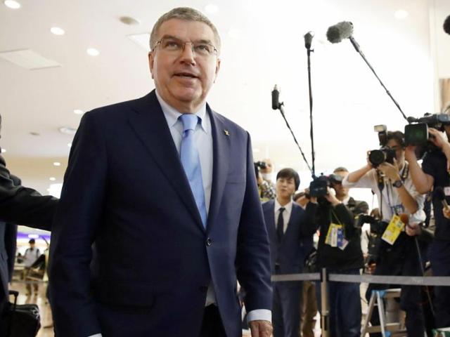 International Olympic Committee (IOC) President Thomas Bach appears at a press conference.(AFP Photo)