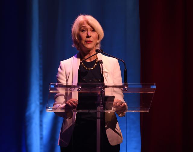 Helen Mirren speaks during the The Hillary Victory Fund Stronger Together Concert at the St. James Theatre in New York. (AFP)
