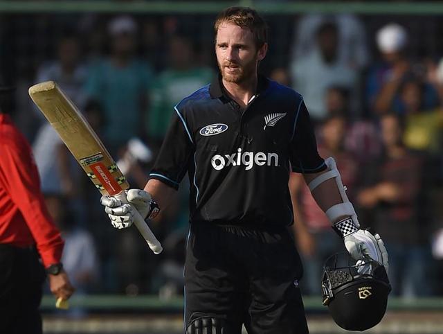 New Zealand's captain Kane williamson (R) raises his bat after his half century. (AFP Photo) New Zealand's captain Kane williamson (R) raises his bat after his half century. (AFP Photo)