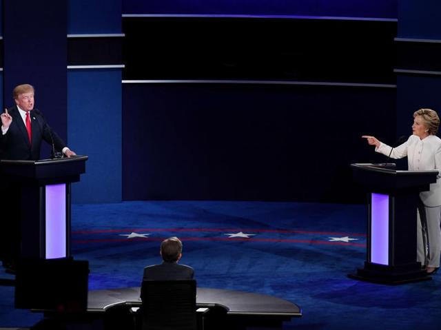 Democratic presidential nominee and former secretary of state, Hillary Clinton, debates with Republican presidential nominee Donald Trump during the third US presidential debate. (AFP Photo) Democratic presidential nominee and former secretary of state, Hillary Clinton, debates with Republican presidential nominee Donald Trump during the third US presidential debate. (AFP Photo)