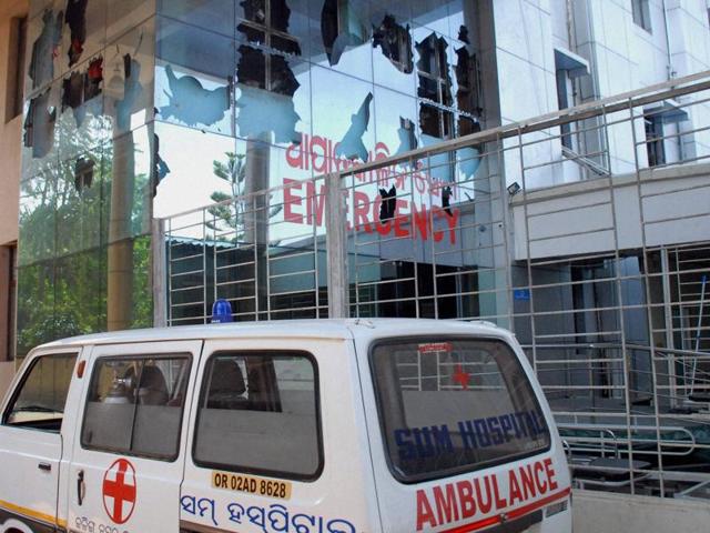 The damaged emergency ward of SUM hospital in Bhubaneswar. (PTI Photo) The damaged emergency ward of SUM hospital in Bhubaneswar. (PTI Photo)