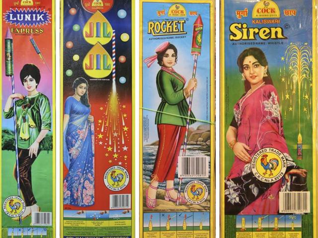 Classic Bollywood actresses have always been best-sellers, not just on the silver screen, but also on the packaging of crackers. From Sridevi to Babita, the ladies of “the golden era of Bollywood” are still posing on the boxes, as seen at the Sadar Bazar in New Delhi.  (Prabhas Roy/ HT Photo) 