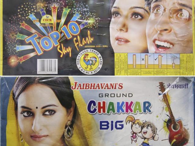 “Aila Jaadu!”: Bollywood movies selling big at the box office often speed up sales by their branding on festive products. Hence, posters of a decade old Hrithik Roshan sci fi movie Koi Mil Gaya or 2010 Dabanng debutant Sonakshi Sinha don the covers of firecrackers. (Prabhas Roy/ HT Photo) 