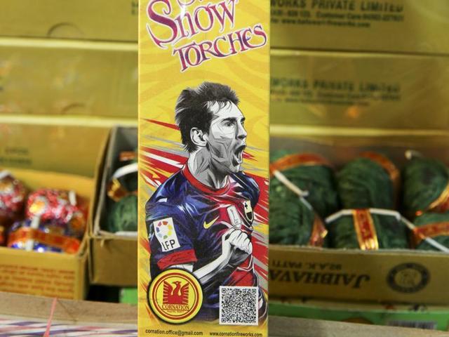 Fancy firecrackers are in the market once again, this time not just branded with Bollywood and Hollywood celebrities, but also footballers and cartoon characters, ahead of the Diwali festival. Like this Messi Snow Torches? (Prabhas Roy/ HT Photo) 