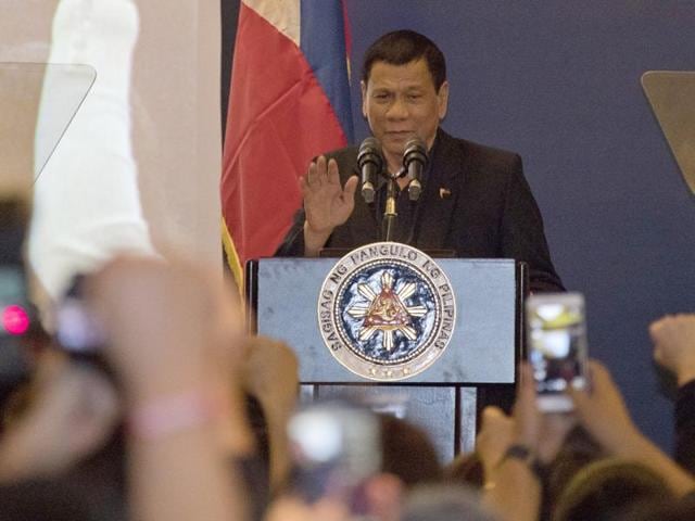 Philippine President Rodrigo Duterte addresses members of the Philippine community in Beijing, China, Wednesday, Oct. 19, 2016. (AP) Philippine President Rodrigo Duterte addresses members of the Philippine community in Beijing, China, Wednesday, Oct. 19, 2016. (AP)